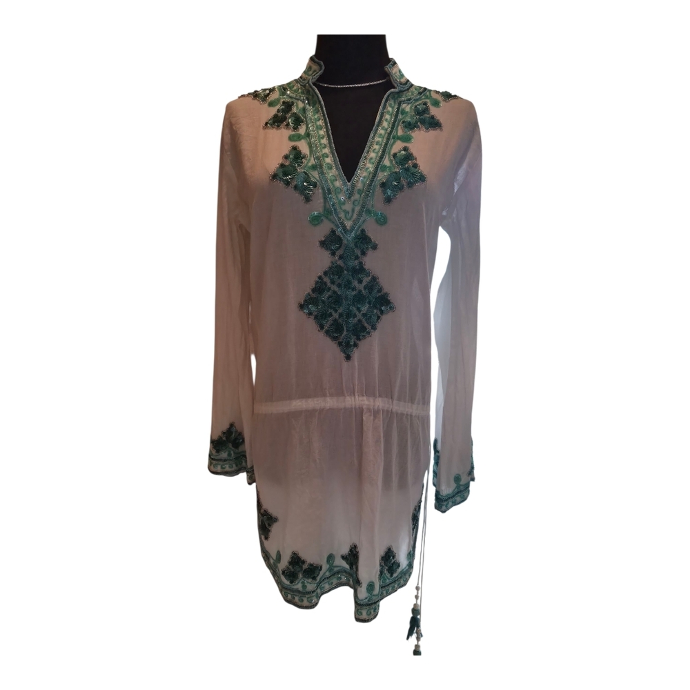 Taj by Sabrina Crippa Embroidered Sequin Tunic – White/Teal – Size M (GUC)